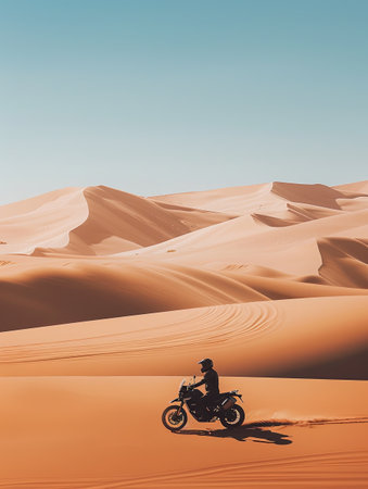 A lone motorcyclist rides through a vast desert landscape, with towering sand dunes stretching towards a clear blue sky.の素材