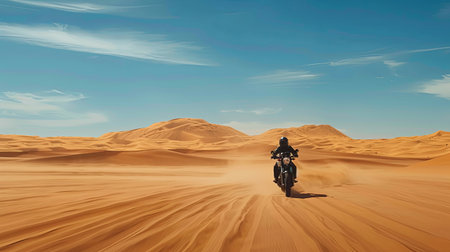 A lone rider navigates their motorcycle through the vast, golden sand dunes of the Sahara Desert under a clear blue sky.の素材
