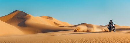 A lone rider navigates towering sand dunes on a motorcycle, capturing the spirit of adventure and freedom in a vast desert landscape.の素材