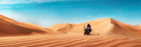 A lone motorcyclist rides through a vast desert landscape, navigating towering sand dunes under a clear blue sky.の素材