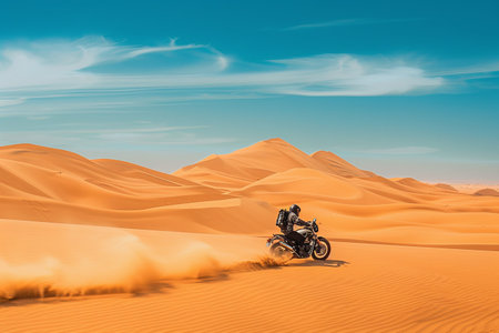 A lone motorcyclist speeds across a breathtaking desert landscape, kicking up sand as they navigate towering dunes under a bright blue sky.の素材