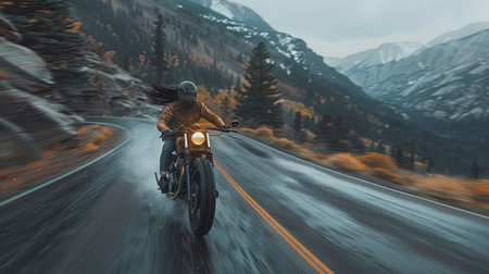 A man on a motorcycle races down a winding mountain road, his hair and clothes whipping in the wind. The background features blurred mountains and forests.の素材