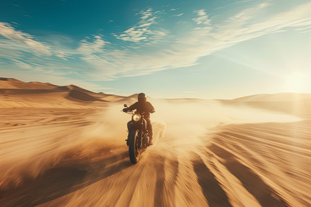A lone motorcyclist races through a vast desert, kicked up sand swirling in their wake. The expansive landscape evokes a sense of freedom and adventure.の素材