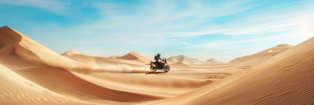 A lone motorcyclist rides through a vast desert landscape, with towering sand dunes and a clear blue sky.の素材