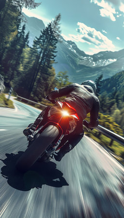 A motorcycle rider speeds along a winding mountain road, their hair and clothes blowing in the wind. The motion blur in the background emphasizes the high speed of the ride.の素材