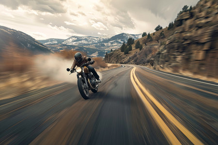 A man on a motorcycle flies down a mountain road, hair and clothes fluttering in the wind. The image shows the thrill of the ride with motion blur and scenic views.の素材