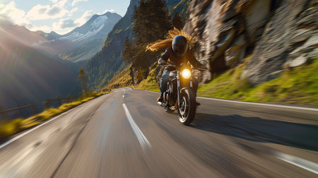 A dynamic shot of a man riding a motorcycle at high speed on a winding mountain road with a beautiful view of the mountains and forests.の素材