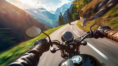 A first-person perspective shot of a motorcyclist speeding through a scenic mountain pass, with motion blur capturing the exhilarating speed.の素材