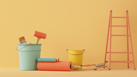 A 3D rendering of professional painting supplies on a light background, including rollers, brushes, paint buckets, and a folding ladder.の素材