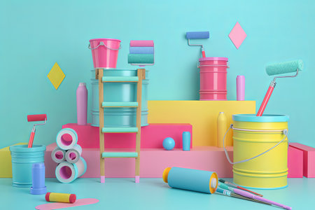 A vibrant 3D illustration showing a colorful array of painting supplies, including rollers, brushes, paint buckets, and a folding ladder, set against a light blue background.の素材
