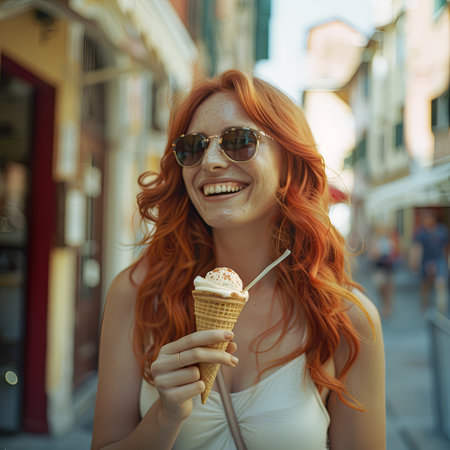 A woman with long red hair smiles happily while eating a cone of ice cream on a sunny street in a European city.の素材