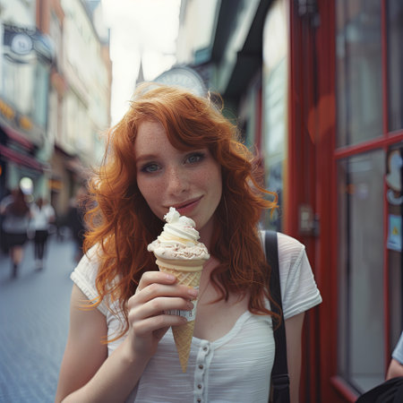 A young woman with red hair stands on a city street, enjoying a scoop of ice cream on a warm summer day.の素材