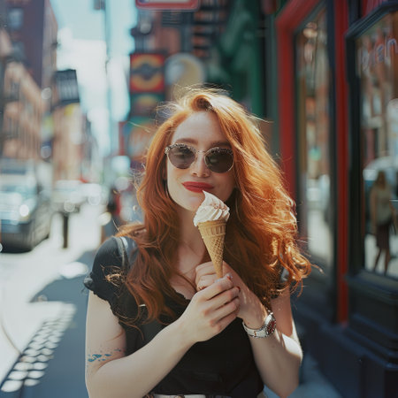 A woman with red hair smiles as she eats ice cream on a street in the city.の素材