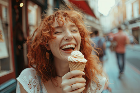 A red-haired woman smiles brightly while enjoying a delicious ice cream cone during her summer vacation.の素材