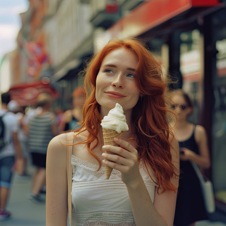 A happy woman with red hair enjoys an ice cream cone while walking through a city street on a sunny day.の素材