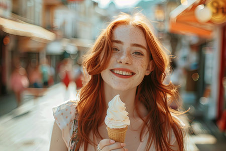 A young woman with red hair smiles happily as she enjoys an ice cream cone while strolling down a city street.の素材