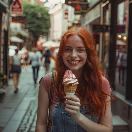 A smiling woman with red hair enjoys a delicious ice cream cone while walking down a street in a European city.の素材