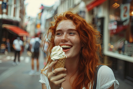 A woman with long, red hair smiles brightly as she eats ice cream on a bustling city street, enjoying her summer vacation.の素材
