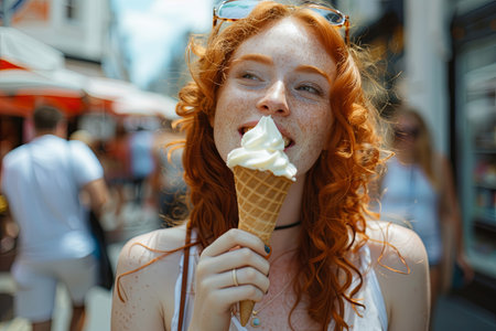 A woman with red hair and freckles smiles happily as she enjoys an ice cream cone while walking down a city street on a sunny summer day.の素材