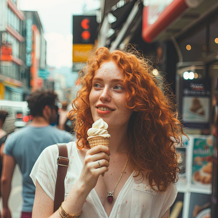 A red-haired woman smiles happily as she enjoys an ice cream cone while walking down a city street on a summer day.の素材