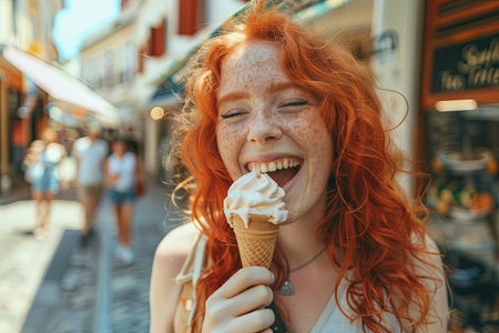 A young woman with red hair and freckles smiles brightly as she eats an ice cream cone while standing in a street. She is enjoying her summer vacation in a new city.の素材