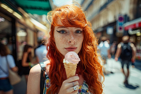 A young woman with red hair and freckles smiles while holding an ice cream cone, enjoying a sunny day in the city.の素材