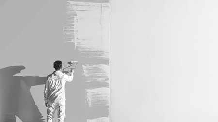 A worker uses a roller brush to paint a wall white in an apartment during a renovation project.の素材