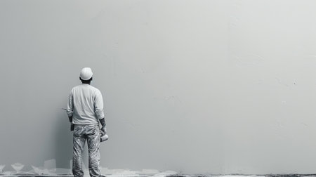 A worker in a white hardhat uses a roller brush to apply white paint to an apartment wall during renovations.の素材