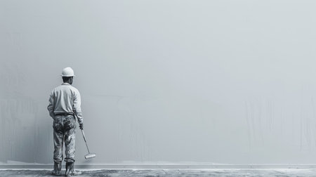 A worker wearing a white hardhat and painting overalls is painting a white wall with a roller brush.の素材