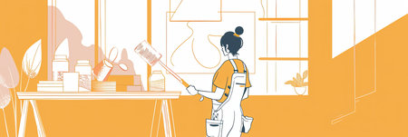 A single continuous line drawing of a woman painting a wall with a roller in a room with a window.の素材