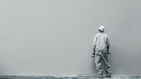 A worker paints a wall with white paint using a roller brush during an apartment renovation.の素材