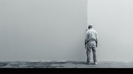 A worker paints an apartment wall with a roller brush, leaving a section of the wall unpainted.の素材