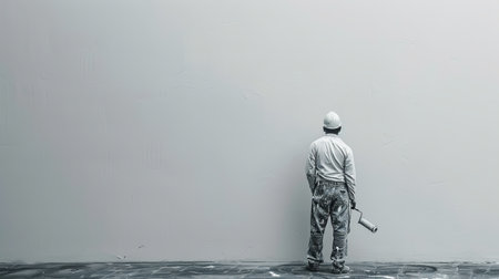 A worker in white paints a wall with a roller brush. The wall is painted white, and there is empty copy space to the left of the image.の素材
