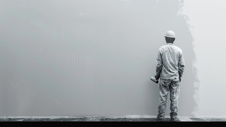 A worker paints a large wall in a room, using a roller brush and white paint. The wall is mostly painted, and the worker is standing with his back to the viewer.の素材