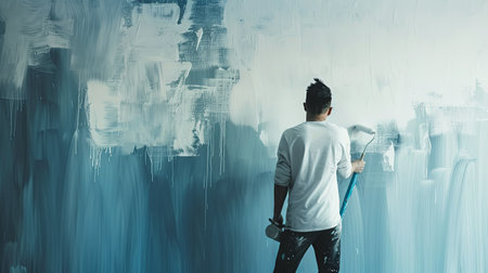 A worker uses a roller brush to paint a wall white in an apartment.の素材
