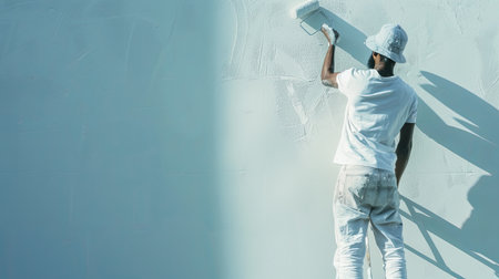 A worker uses a roller brush to paint a wall white in an apartment.の素材