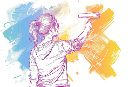 A single line drawing of a woman painting a wall with a roller. illustration concept of home repair and renovation.の素材