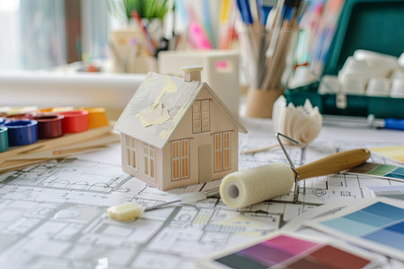 A model house surrounded by paint brushes, a roller, paint swatches, and masking tape.の素材