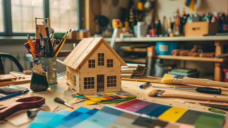 Display of house painting supplies at hardware store: brushes, rollers, color swatches. Miniature house model surrounded by tools on desk.の素材