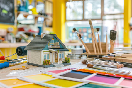 Mini house model, paint tools and color samples on a table in a hardware store, showing supplies for home painting projects.の素材