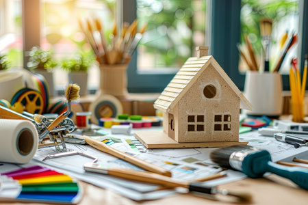 Hardware store desk with painting supplies: brushes, rollers, tape, color swatches. Model home in center, ready for painting.の素材