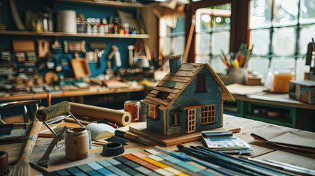 A wooden model house sits on a desk surrounded by paint brushes, rollers, tape, and paint swatches, showcasing a home painters toolkit.の素材