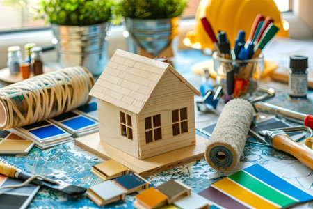 Close-up of desk at hardware store with house painting tools. Wooden model house in center surrounded by paint rollers, brushes, paint swatches, and tape.の素材