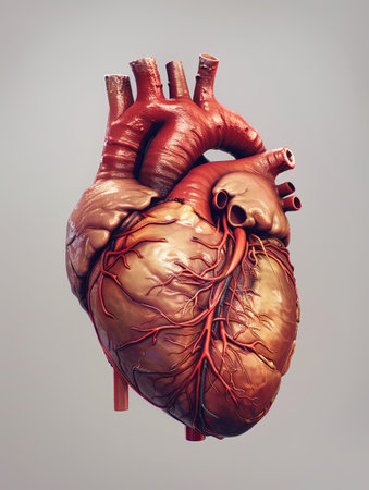 An intricate illustration of the human heart, showing its exterior and interior structures, including veins and arteries.の素材