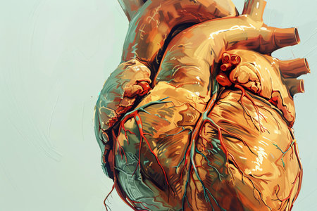 A close-up illustration showing the intricate structure of the human heart, revealing its interior chambers, valves, and surrounding veins and arteries.の素材