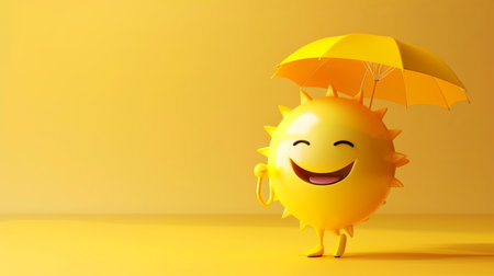 A cheerful 3D sun emoji smiles and holds a yellow umbrella. The background is a bright yellow color with copy space.の素材