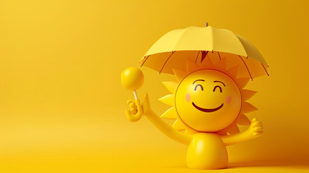 A cheerful yellow sun emoji with a smiling face holds a yellow umbrella in its hand against a bright yellow background, leaving space for text on the right side.の素材