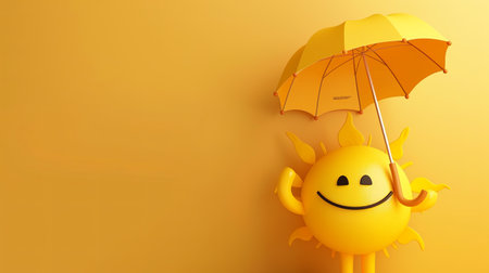 A 3D rendered happy sun emoji holding a yellow umbrella with a yellow background. This image has copy space.の素材