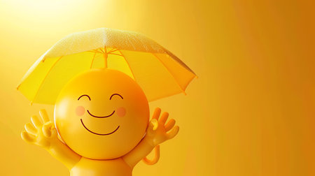 A joyful sun emoji in 3D holds a yellow umbrella against a bright yellow background, radiating positivity with a big smile and rosy cheeks.の素材