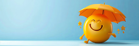 A smiling yellow sun emoji holds a yellow umbrella over its head in a 3D banner with copy space. The sun emoji is happily smiling with stars falling from the sky.の素材